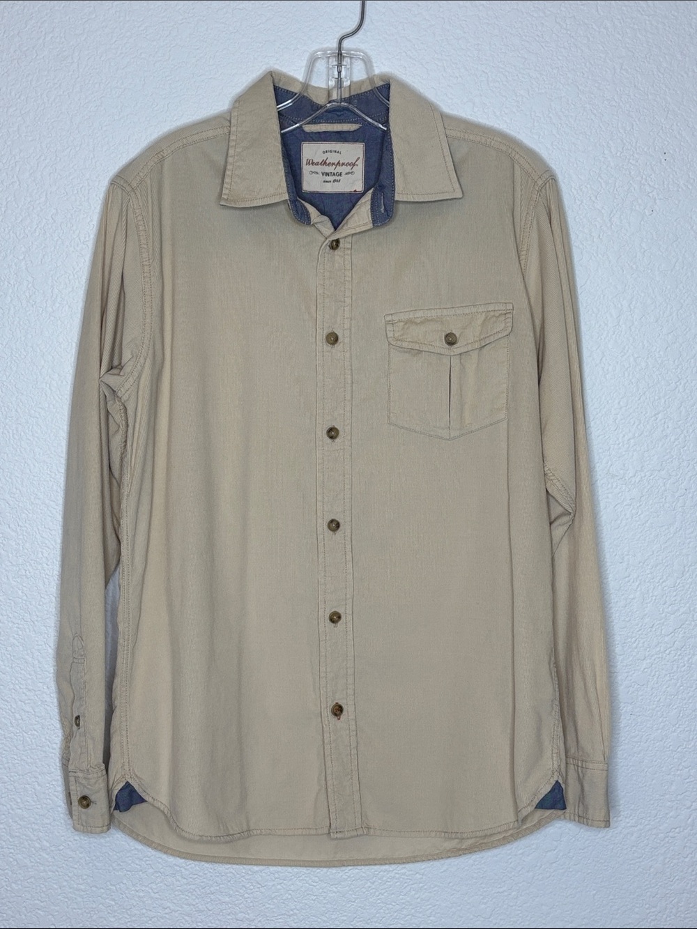 Weatherproof Vintage Men's Corduroy Button-Down Shirt with Contrast Trim Tan
